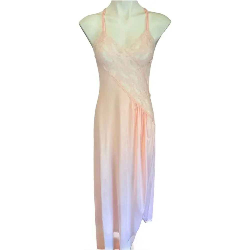 Val Mode Vintage 1970s Blush Pink Nylon Nightgown Diagonal Lace Panel Small